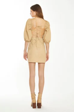 Glamorous Chic Escapes|Day Dresses|Beige Sand Puff Sleeve Mini-Dress -