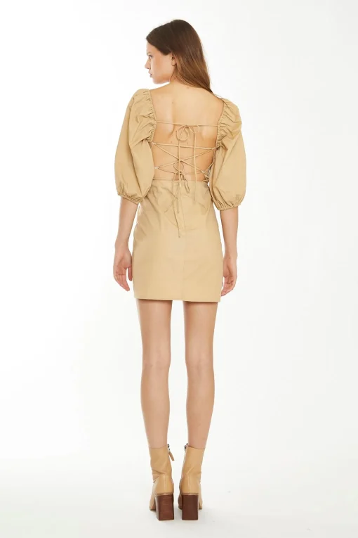 Glamorous Chic Escapes|Day Dresses|Beige Sand Puff Sleeve Mini-Dress -