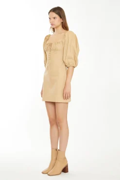 Glamorous Chic Escapes|Day Dresses|Beige Sand Puff Sleeve Mini-Dress -