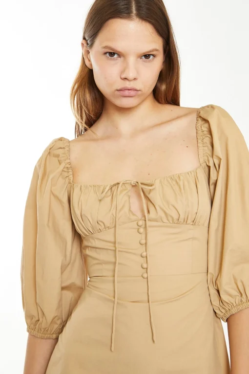 Glamorous Chic Escapes|Day Dresses|Beige Sand Puff Sleeve Mini-Dress -