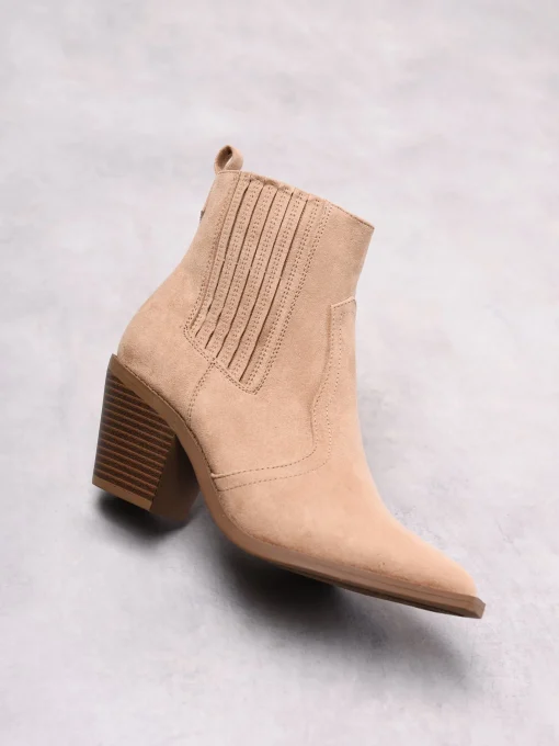 Glamorous Heels|Boots|Beige Suede Western Block Chunky Heel-Boots -