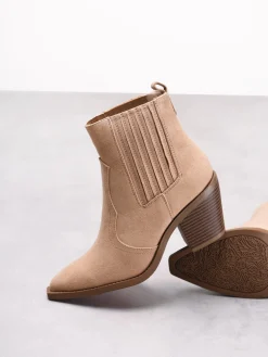 Glamorous Heels|Boots|Beige Suede Western Block Chunky Heel-Boots -