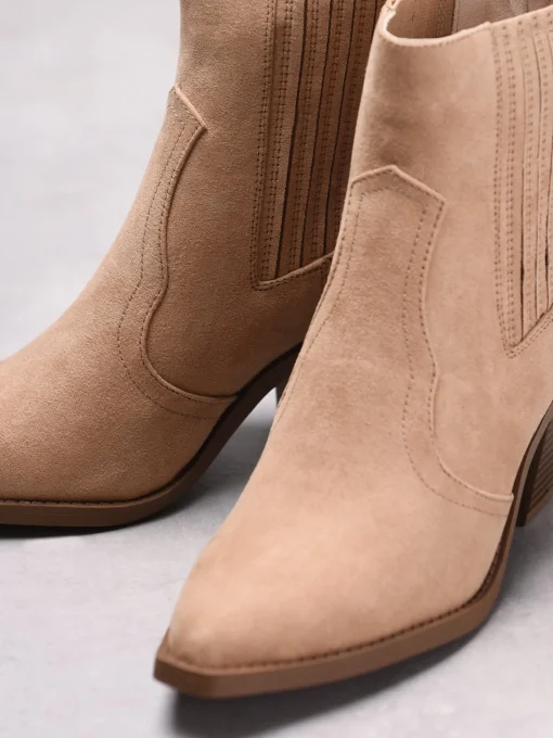 Glamorous Heels|Boots|Beige Suede Western Block Chunky Heel-Boots -