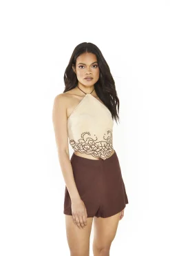 Glamorous Crops, Corsets & Bodysuits|Beige Suedette-Brown Halter-Neck Crop-Top -