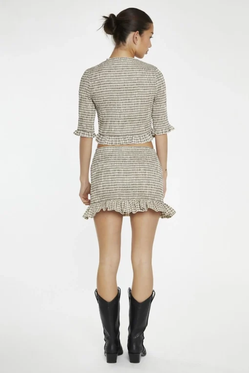 Glamorous Co-ords|Crops, Corsets & Bodysuits|Beige-Black Check Shirred Crop-Top -