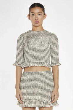 Glamorous Co-ords|Crops, Corsets & Bodysuits|Beige-Black Check Shirred Crop-Top -