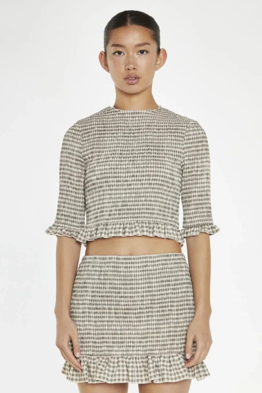Glamorous Co-ords|Crops, Corsets & Bodysuits|Beige-Black Check Shirred Crop-Top -
