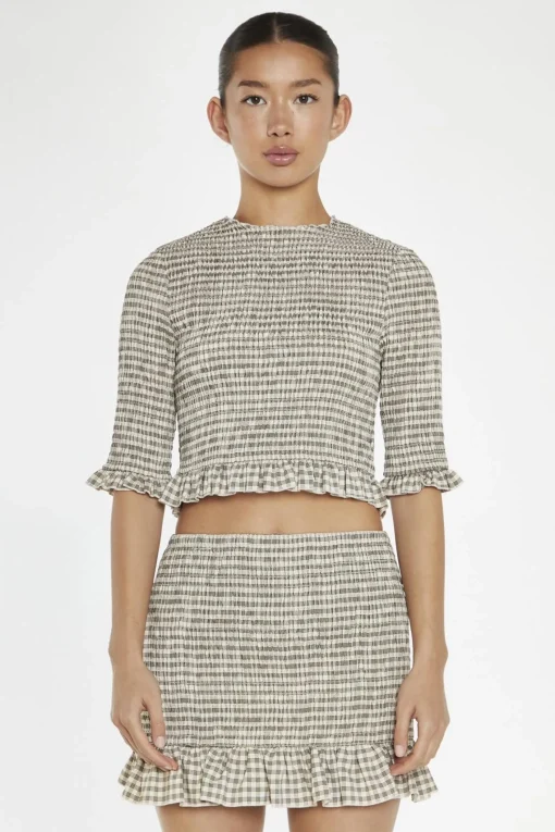 Glamorous Co-ords|Mini Skirts|Beige-Black Check Shirred Mini-Skirt -