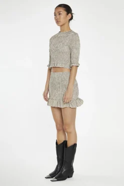 Glamorous Co-ords|Mini Skirts|Beige-Black Check Shirred Mini-Skirt -