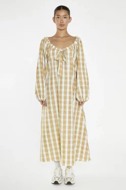 Glamorous Day Dresses|Midi & Midaxi Dresses|Beige-Cream Check Gathered Tie-Neck Midi-Dress -