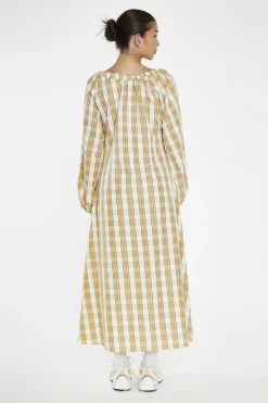Glamorous Day Dresses|Midi & Midaxi Dresses|Beige-Cream Check Gathered Tie-Neck Midi-Dress -