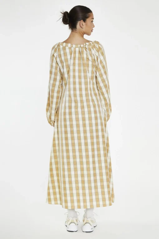 Glamorous Day Dresses|Midi & Midaxi Dresses|Beige-Cream Check Gathered Tie-Neck Midi-Dress -