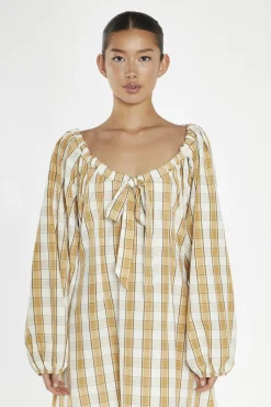 Glamorous Day Dresses|Midi & Midaxi Dresses|Beige-Cream Check Gathered Tie-Neck Midi-Dress -