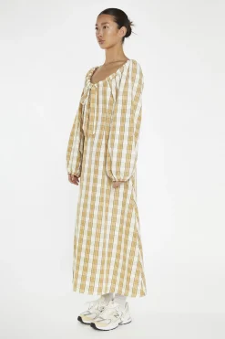 Glamorous Day Dresses|Midi & Midaxi Dresses|Beige-Cream Check Gathered Tie-Neck Midi-Dress -