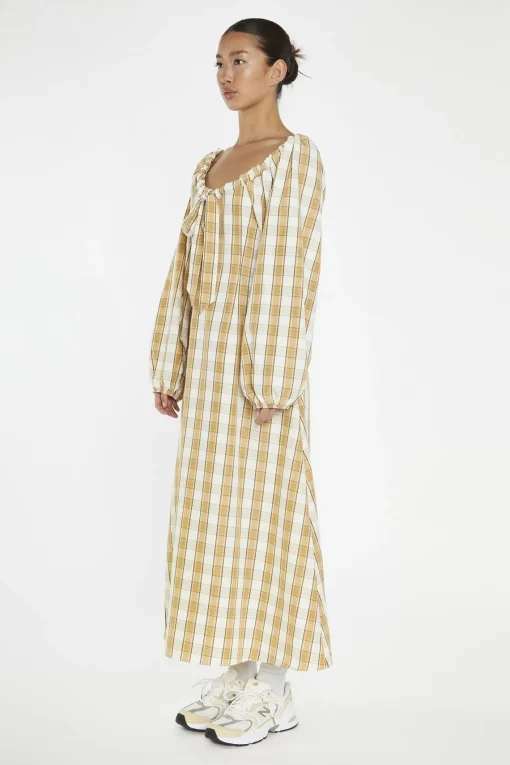 Glamorous Day Dresses|Midi & Midaxi Dresses|Beige-Cream Check Gathered Tie-Neck Midi-Dress -