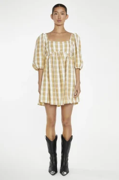 Glamorous Day Dresses|Mini Dresses|Beige-Cream Check Square-Neck Smock Mini-Dress -