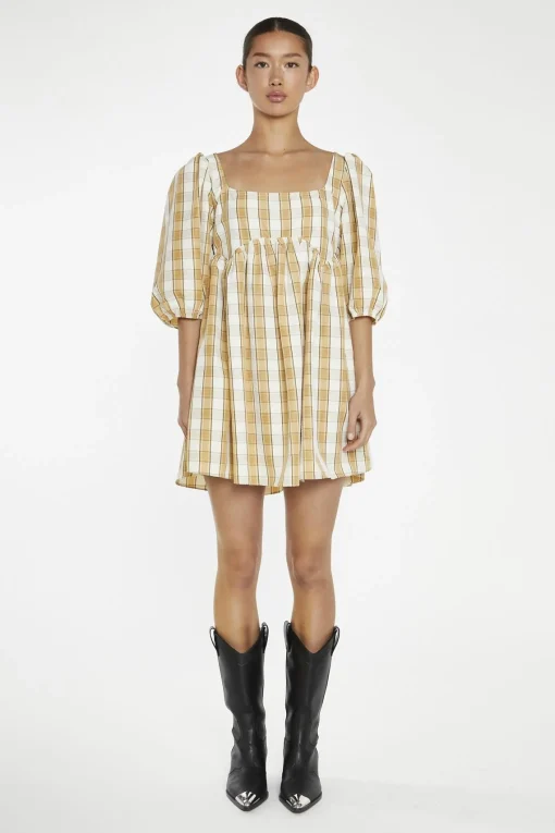 Glamorous Day Dresses|Mini Dresses|Beige-Cream Check Square-Neck Smock Mini-Dress -