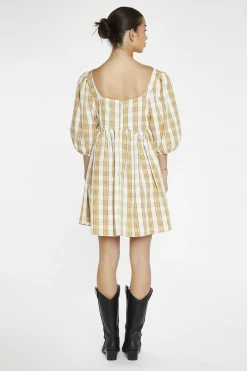 Glamorous Day Dresses|Mini Dresses|Beige-Cream Check Square-Neck Smock Mini-Dress -