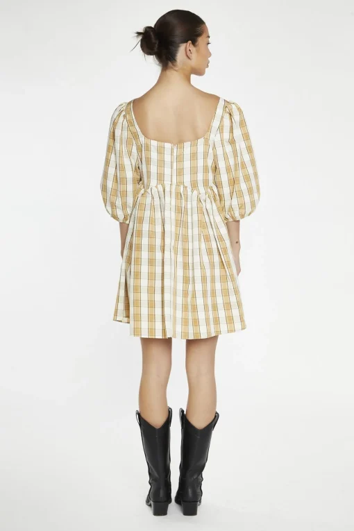 Glamorous Day Dresses|Mini Dresses|Beige-Cream Check Square-Neck Smock Mini-Dress -