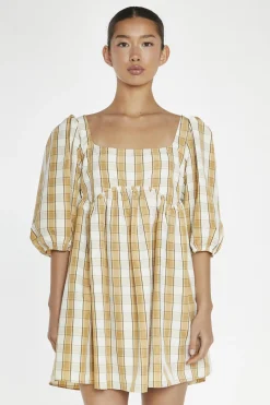 Glamorous Day Dresses|Mini Dresses|Beige-Cream Check Square-Neck Smock Mini-Dress -