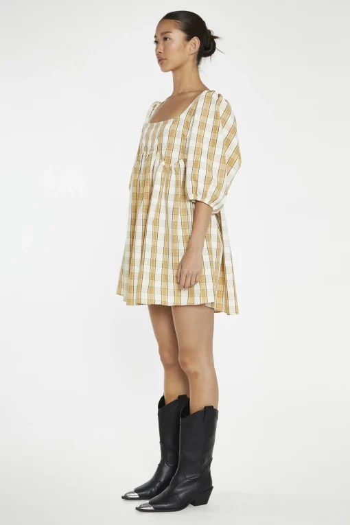 Glamorous Day Dresses|Mini Dresses|Beige-Cream Check Square-Neck Smock Mini-Dress -