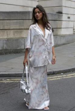 Glamorous Bottoms|Tops|Beige-Grey-Watercolour Short-Sleeves-Tie-Front- Blouse -