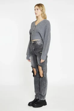 Glamorous High Waisted Jeans|Straight Leg Jeans|Black Acid Wash Distressed Straight High-Waist-Jeans -