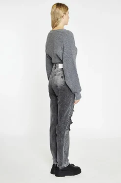 Glamorous High Waisted Jeans|Straight Leg Jeans|Black Acid Wash Distressed Straight High-Waist-Jeans -