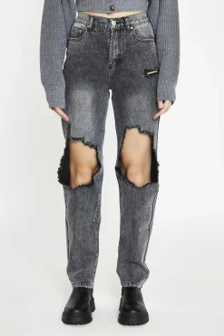 Glamorous High Waisted Jeans|Straight Leg Jeans|Black Acid Wash Distressed Straight High-Waist-Jeans -