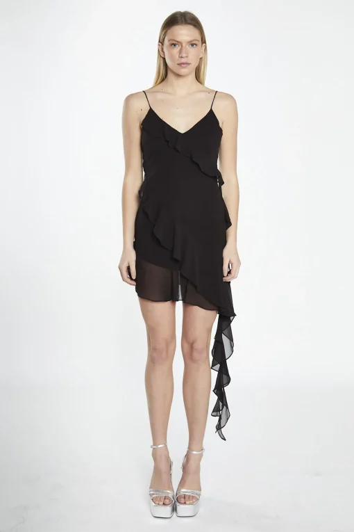 Glamorous Day Dresses|Party Dresses|Black Asymmetric-Ruffle Mini-Dress -