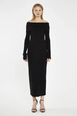 Glamorous Day Dresses|Knitted Dresses|Black Bardot Knitted Midi-Dress -