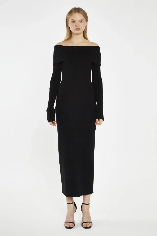 Glamorous Day Dresses|Knitted Dresses|Black Bardot Knitted Midi-Dress -