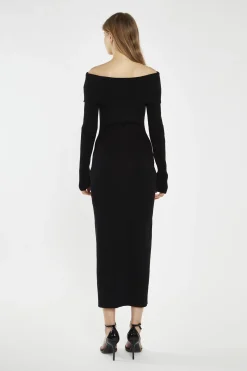 Glamorous Day Dresses|Knitted Dresses|Black Bardot Knitted Midi-Dress -