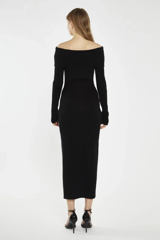 Glamorous Day Dresses|Knitted Dresses|Black Bardot Knitted Midi-Dress -