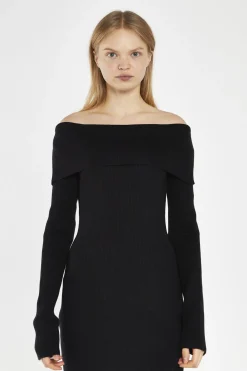Glamorous Day Dresses|Knitted Dresses|Black Bardot Knitted Midi-Dress -