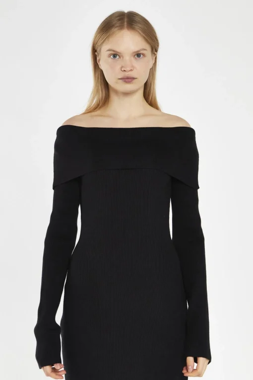 Glamorous Day Dresses|Knitted Dresses|Black Bardot Knitted Midi-Dress -