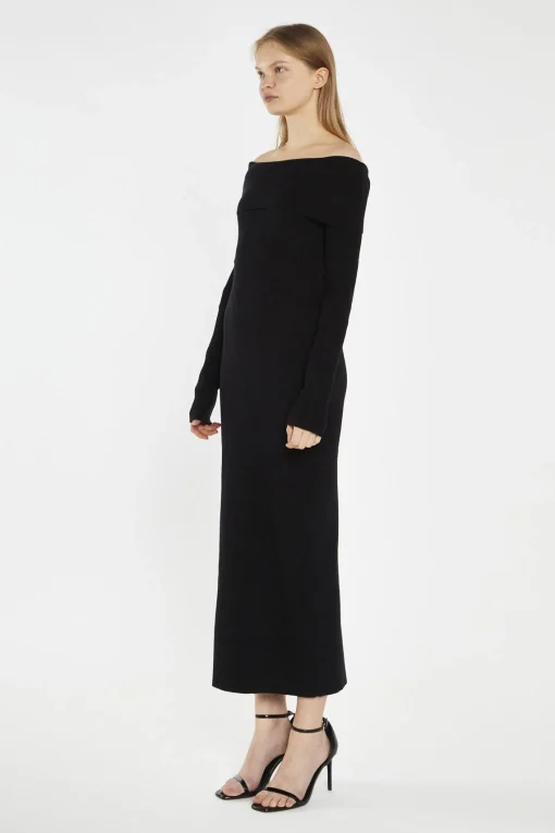 Glamorous Day Dresses|Knitted Dresses|Black Bardot Knitted Midi-Dress -