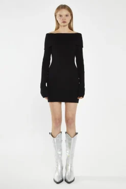 Glamorous Day Dresses|Knitted Dresses|Black Bardot Knitted Mini-Dress -
