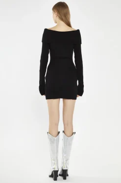 Glamorous Day Dresses|Knitted Dresses|Black Bardot Knitted Mini-Dress -
