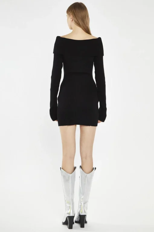 Glamorous Day Dresses|Knitted Dresses|Black Bardot Knitted Mini-Dress -