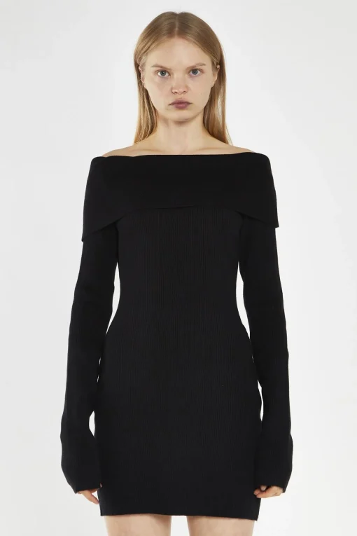 Glamorous Day Dresses|Knitted Dresses|Black Bardot Knitted Mini-Dress -