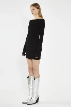 Glamorous Day Dresses|Knitted Dresses|Black Bardot Knitted Mini-Dress -