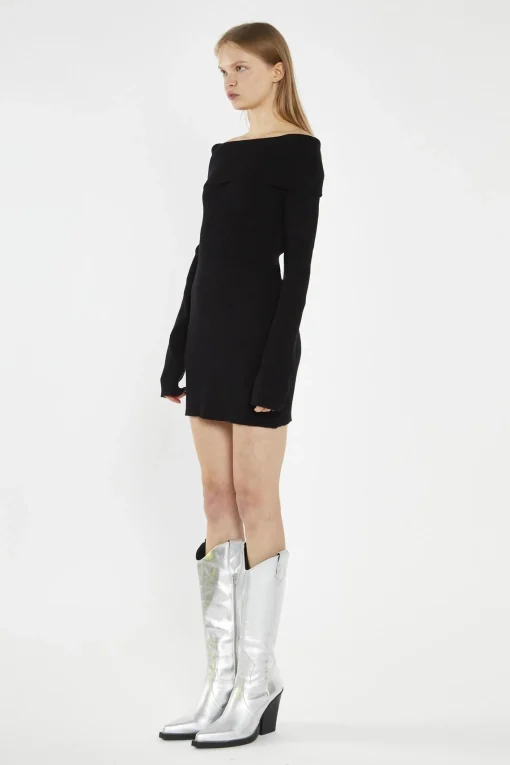Glamorous Day Dresses|Knitted Dresses|Black Bardot Knitted Mini-Dress -