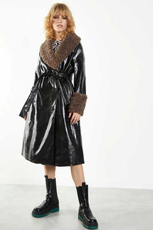 Glamorous Faux Fur & Leather|Coats|Black Belted Coat with Faux Fur -