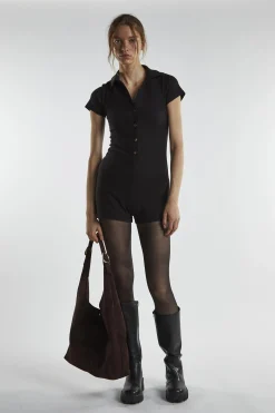 Glamorous Playsuits|Black Button-Front Playsuit -
