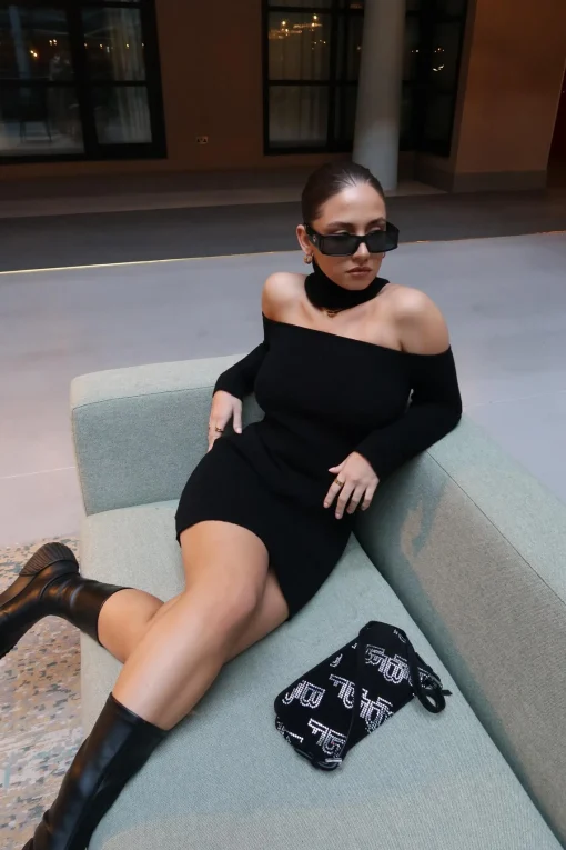 Glamorous Day Dresses|Glamorous Care: Our Sustainable Collection|Black Choker-Neck Rib-Knit Mini-Dress -