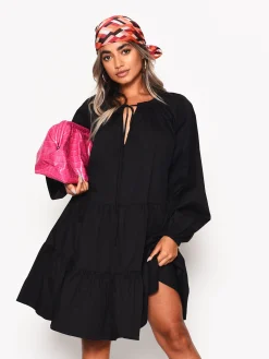 Glamorous Graduation|Day Dresses|Black Cotton Long Sleeve Smock Dress -