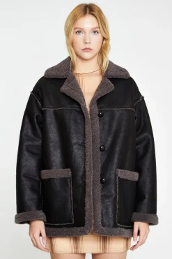 Glamorous Workwear|Faux Fur & Leather|Black Dark-Grey Oversized Shearling Coat -