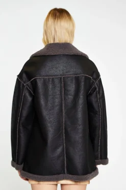 Glamorous Workwear|Faux Fur & Leather|Black Dark-Grey Oversized Shearling Coat -