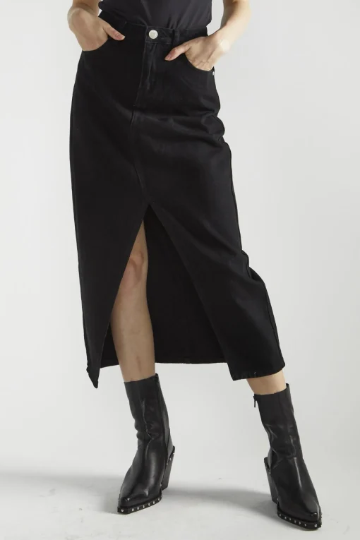 Glamorous Denim Skirts|Maxi Skirts|Black Denim Centre-Split Maxi-Skirt -